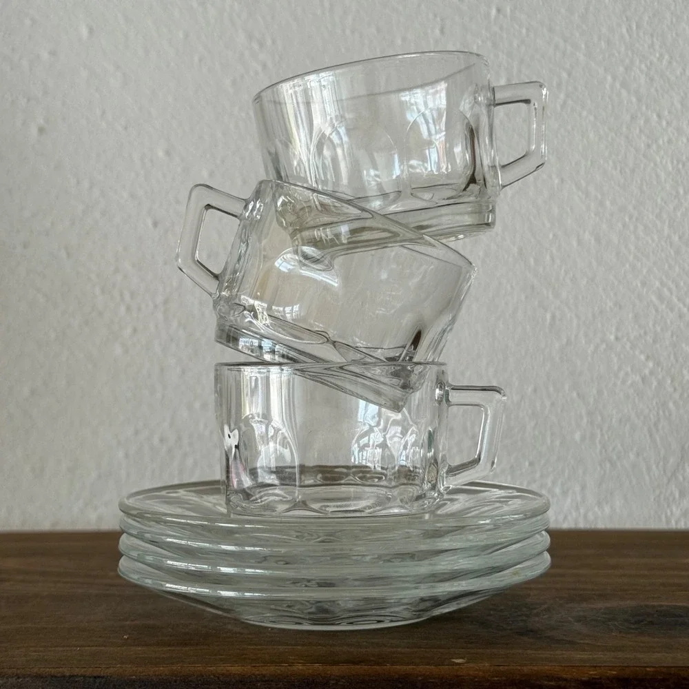 7pc Vintage Arcoroc Petale Clear Glass Tea Cup & Saucer France Set of 3 + 1 Free